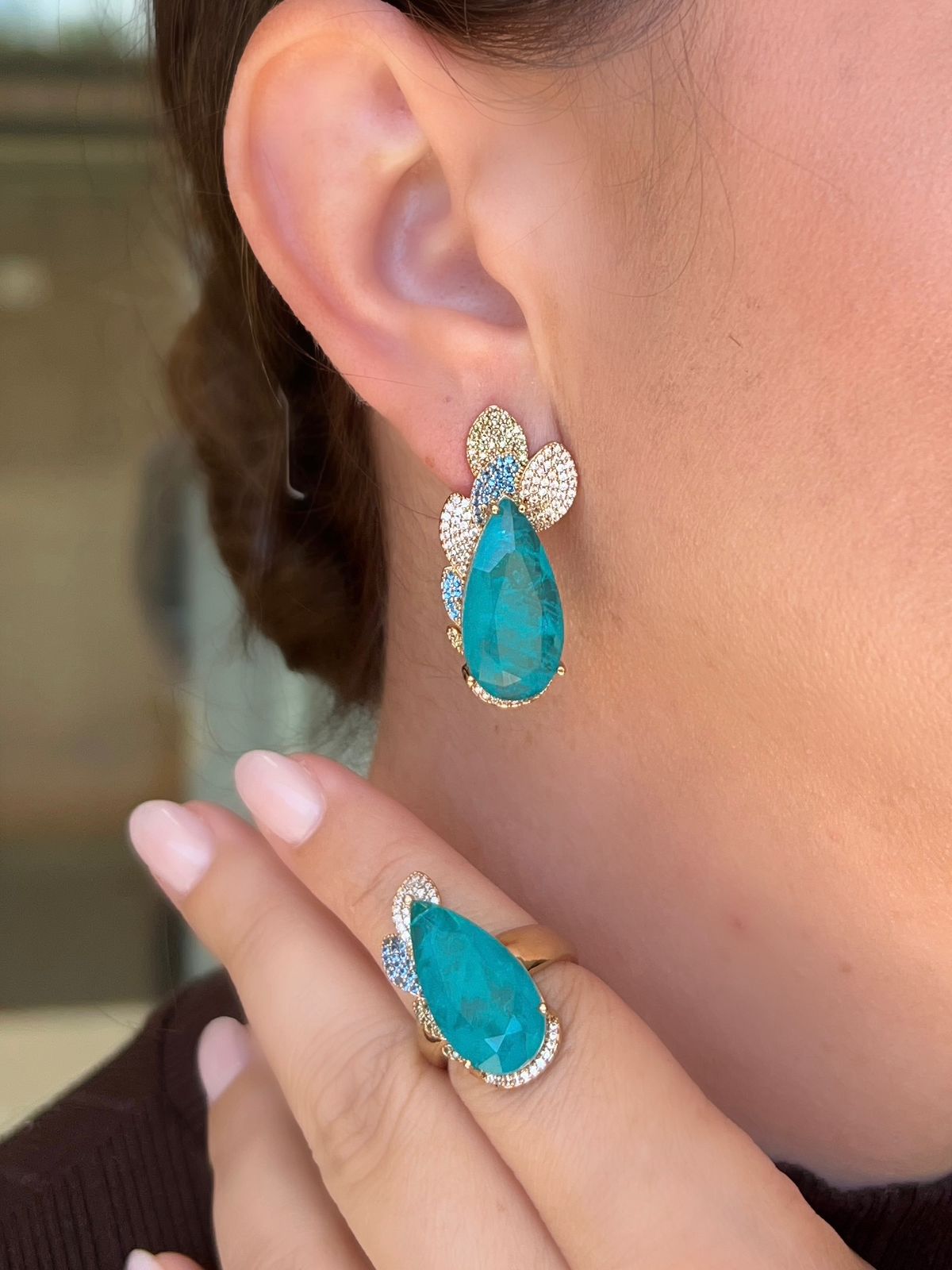 Conjunto Brinco e Anel Gota Turmalina Azul