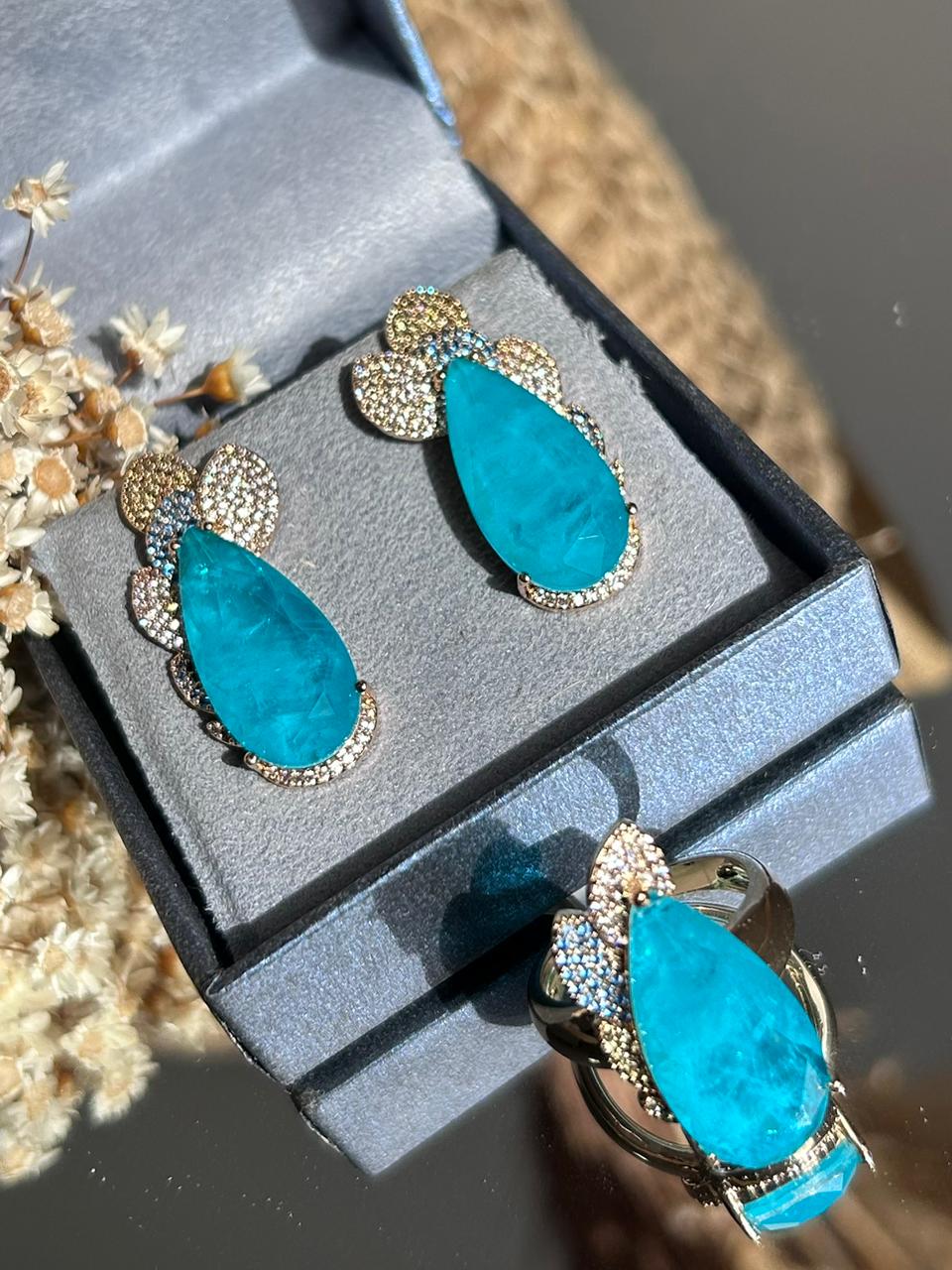 Conjunto Brinco e Anel Gota Turmalina Azul
