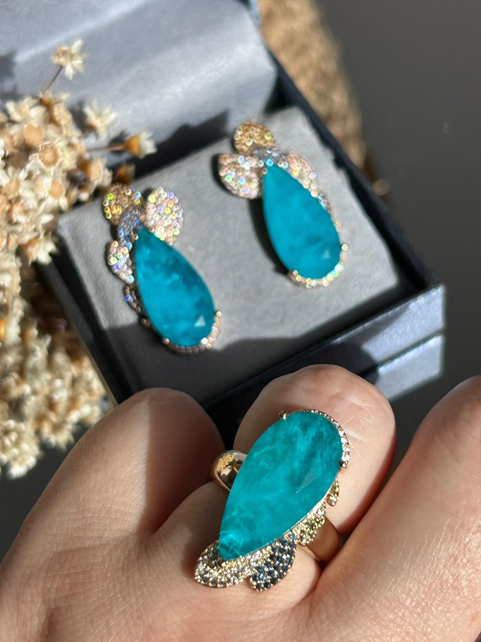 Conjunto Brinco e Anel Gota Turmalina Azul
