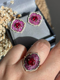 Conjunto Brinco e Anel Rubi e Pink
