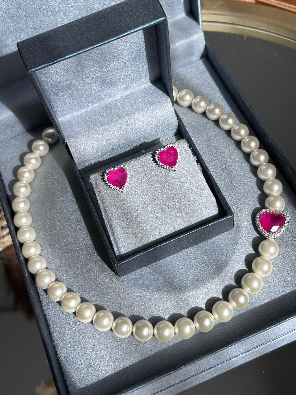 Conjunto Brinco e Colar Pérola Shell e Coração Pink