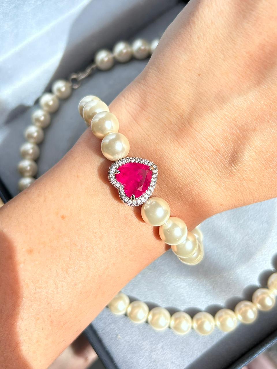 Pulseira Pérola Shell e Coração Pink