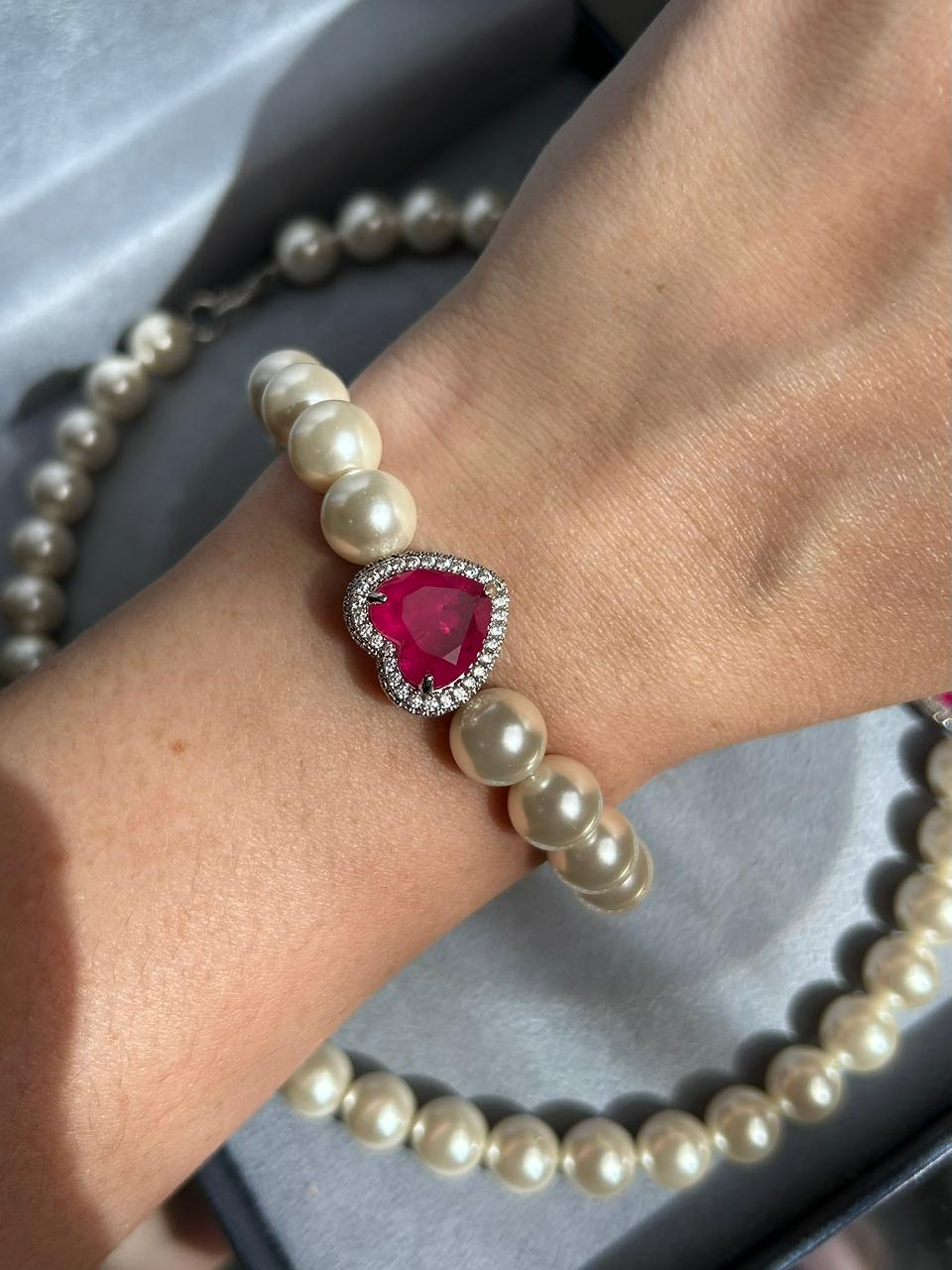 Pulseira Pérola Shell e Coração Pink