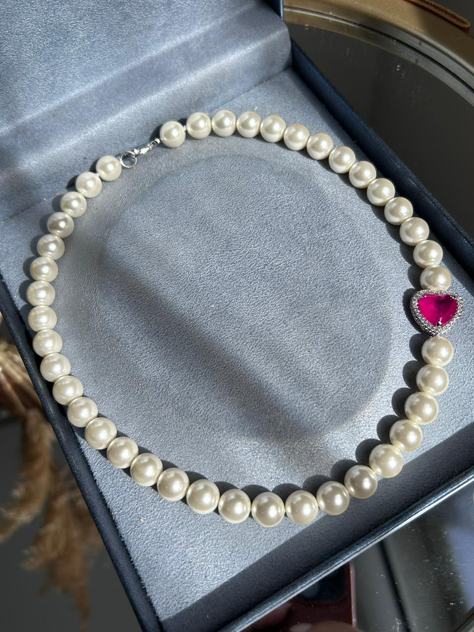 Conjunto Brinco e Colar Pérola Shell e Coração Pink