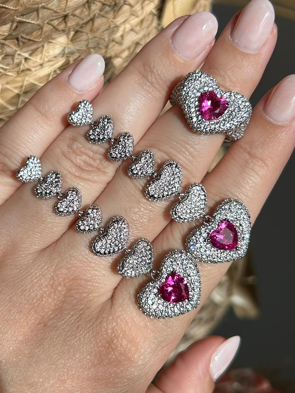 Conjunto Brinco e Anel Hart Safira Rosa/Pink