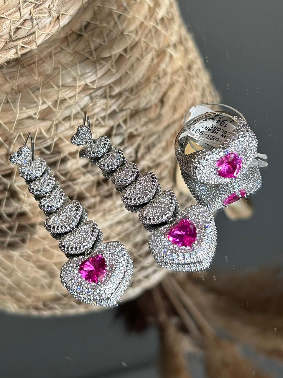 Conjunto Brinco e Anel Hart Safira Rosa/Pink