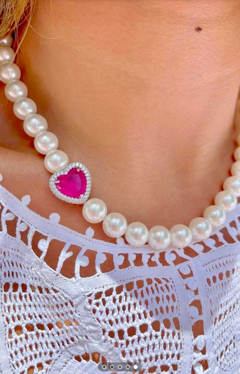 Conjunto Brinco e Colar Pérola Shell e Coração Pink