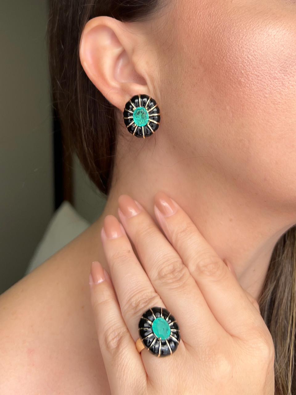 Conjunto Brinco e Anel Ajustavel Esmaltado com Pedra Turmalina