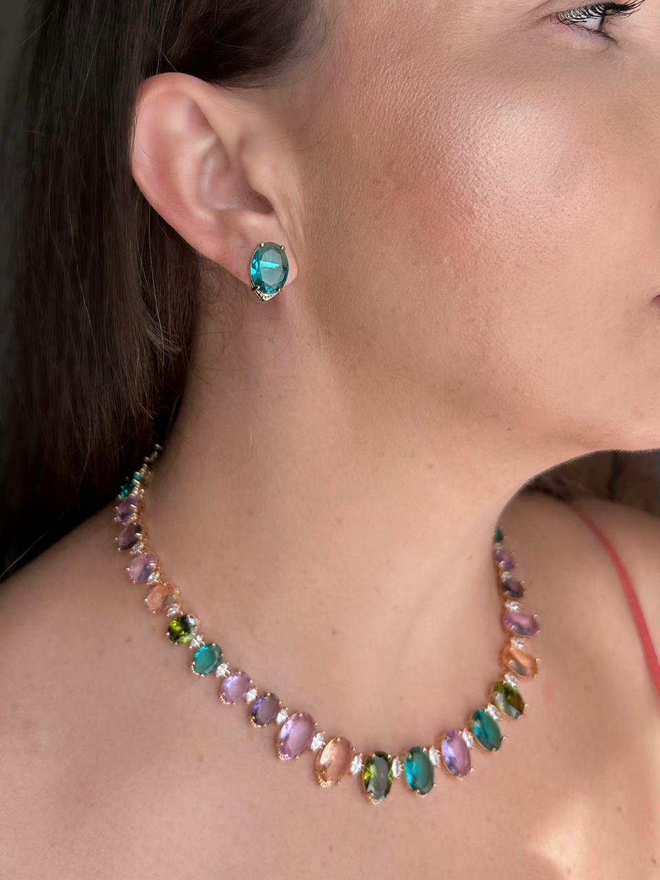 Conjunto Brinco e Colar Pedras Ovais Coloridas