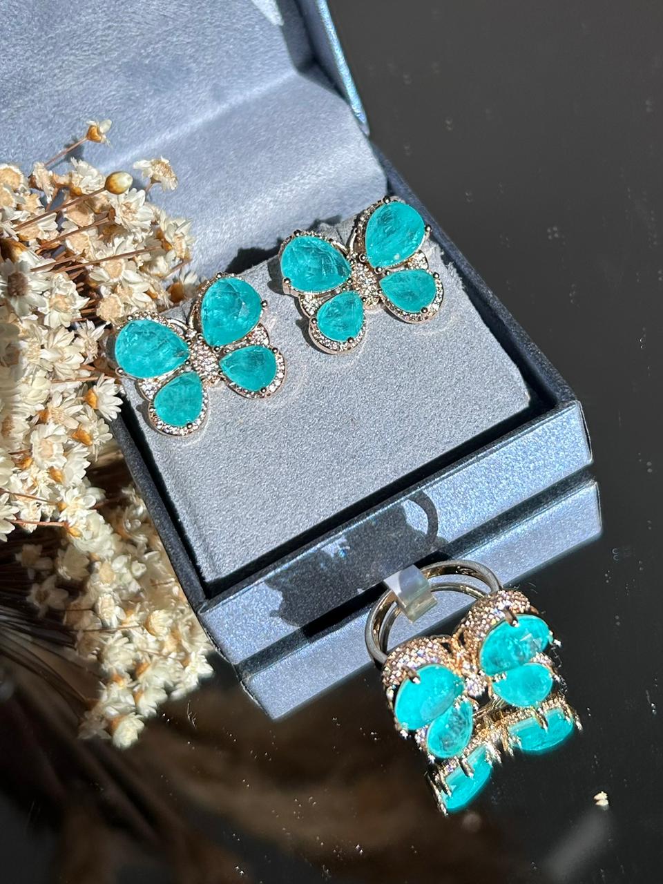 Conjunto Brinco e Anel Borboleta Turmalina