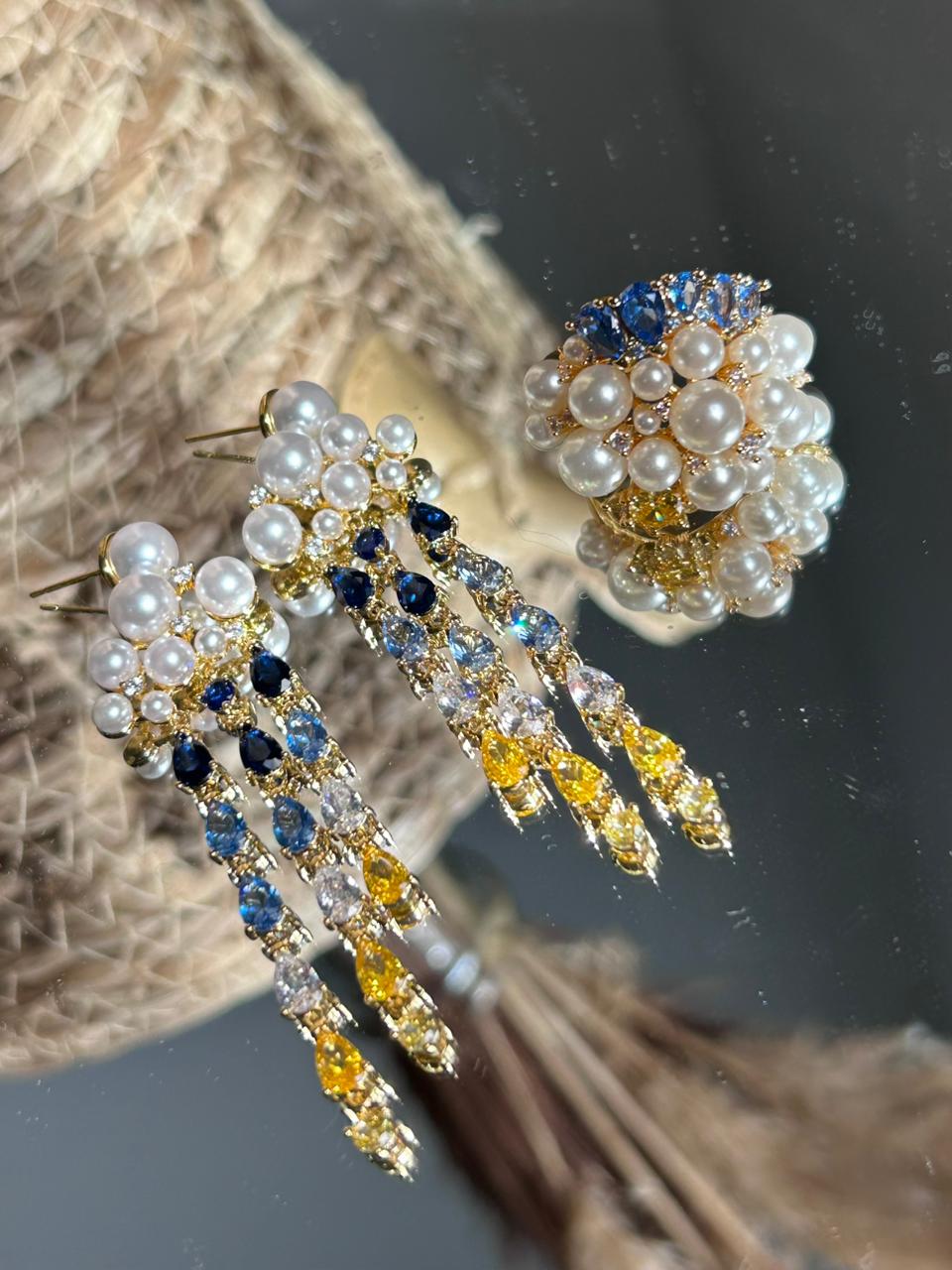 Conjunto Brinco e Anel Pérola Pedras Azuis e Fancy Yellow