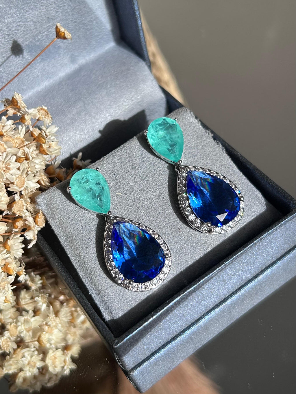 Brinco Duas Gotas Turmalina e Azul Safira