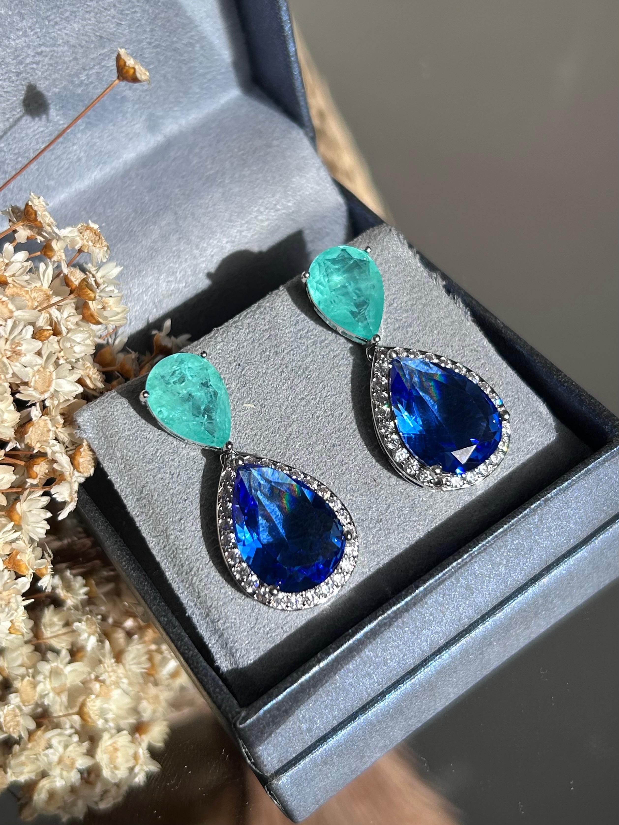 Brinco Duas Gotas Turmalina e Azul Safira