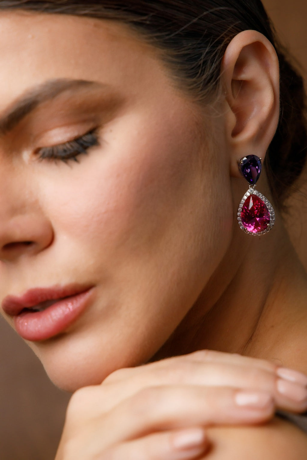 Brinco Duas Gotas Ametista e Safira Rosa/Pink