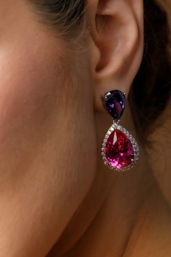 Brinco Duas Gotas Ametista e Safira Rosa/Pink