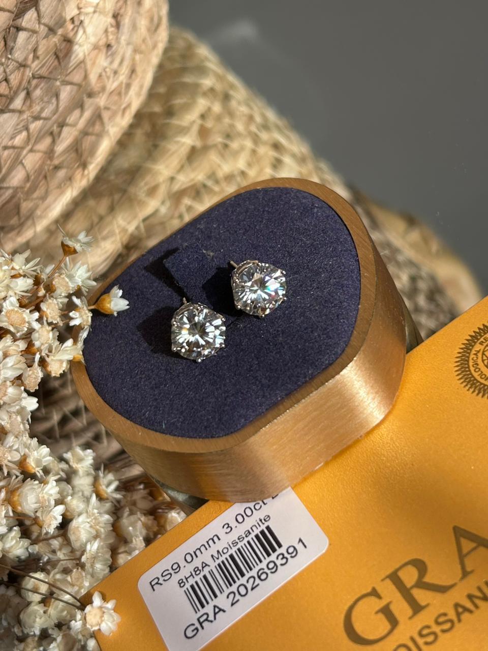 Brinco Solitário Moissanite 9mm 3,0ct