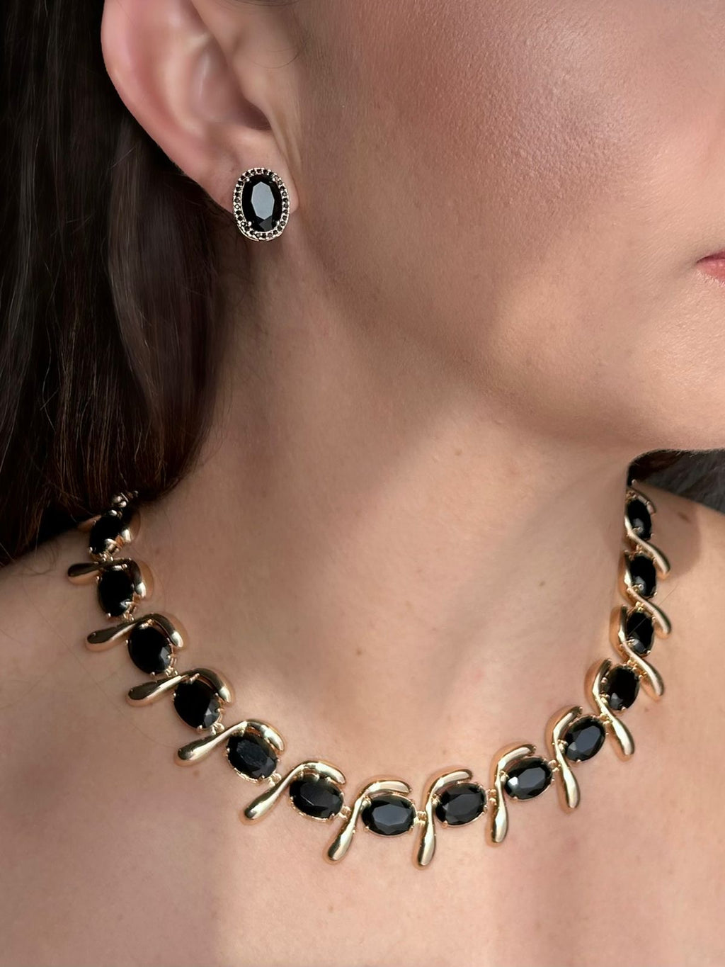Conjunto Brinco e Colar Cristal Onix