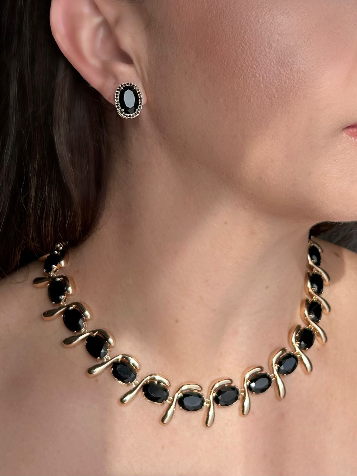 Conjunto Brinco e Colar Cristal Onix