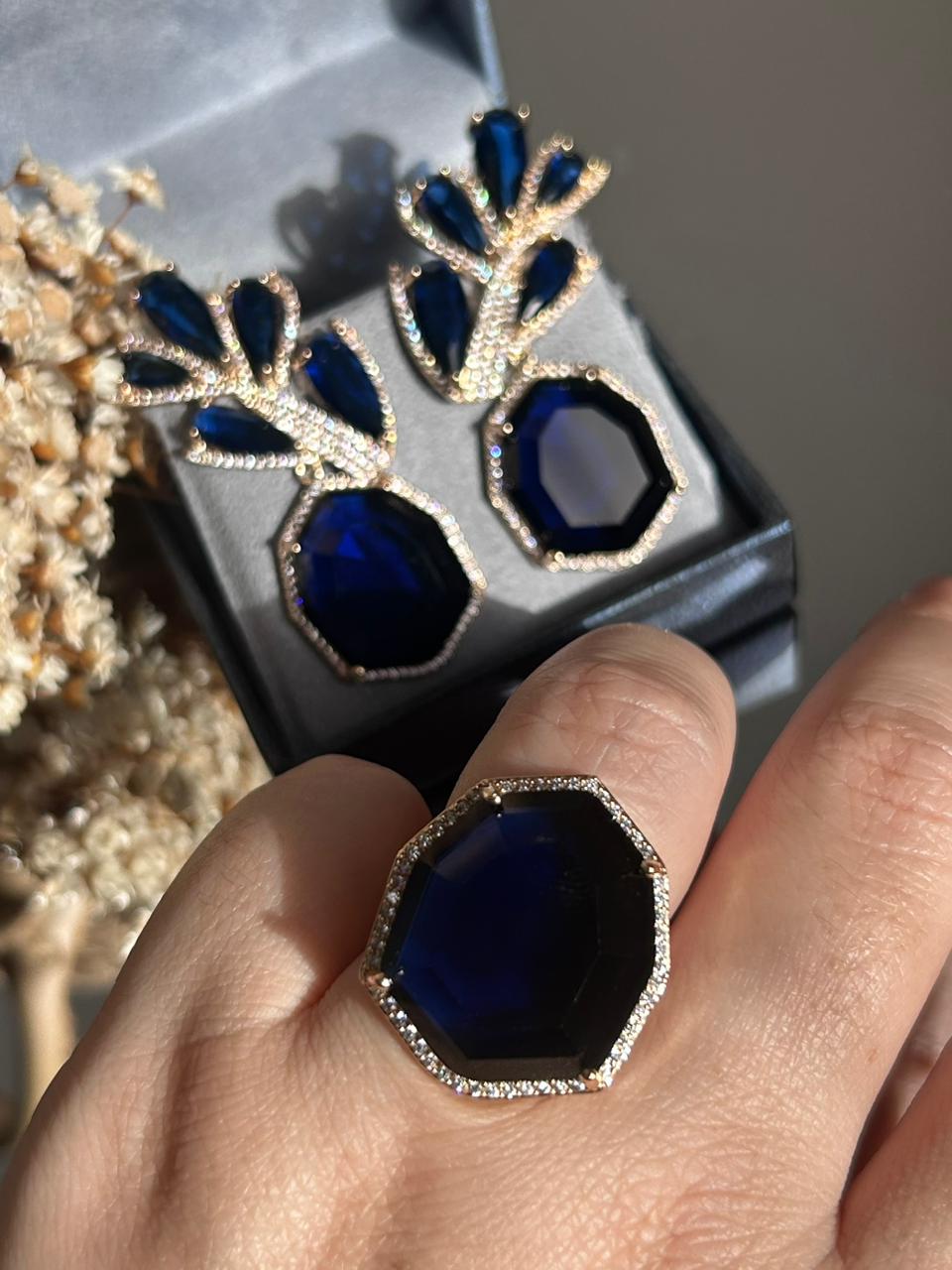 Conjunto Brinco e Anel Lia Azul Safira