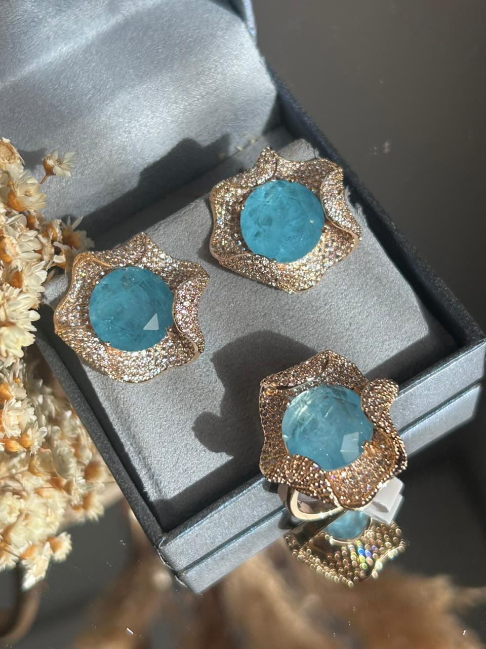 Conjunto Brinco e Anel Gioh Azul Celeste
