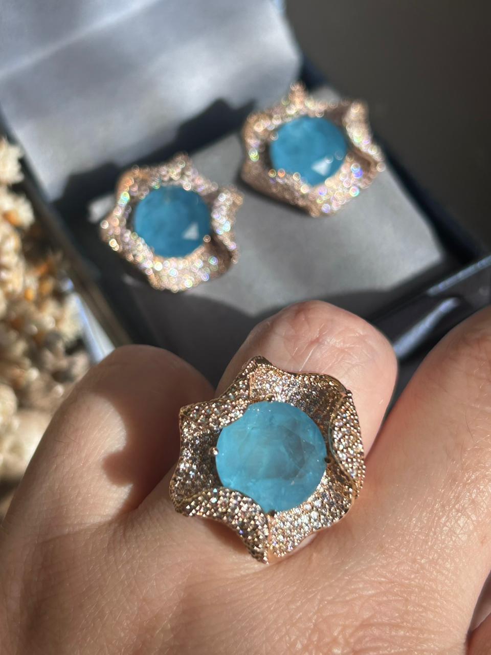 Conjunto Brinco e Anel Gioh Azul Celeste