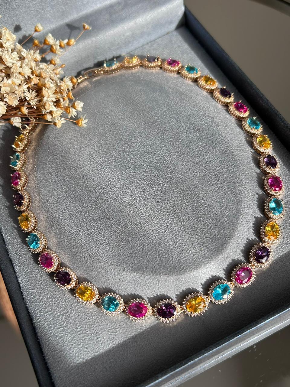 Colar Riviera Rainbow Pedras Ovais Dourado