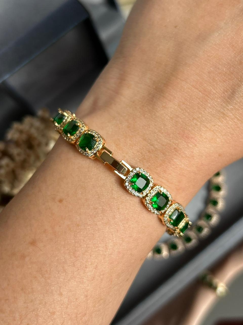 Pulseira Square Verde Esmeralda Dourado