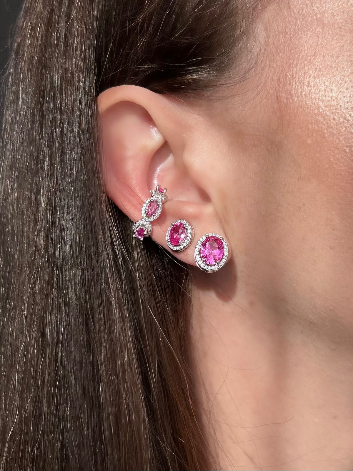 Kit Duo de Brincos + Piercing Fake Safira Rosa/Pink