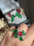 Conjunto Brinco e Anel Carla P Verde e Pink Dourado