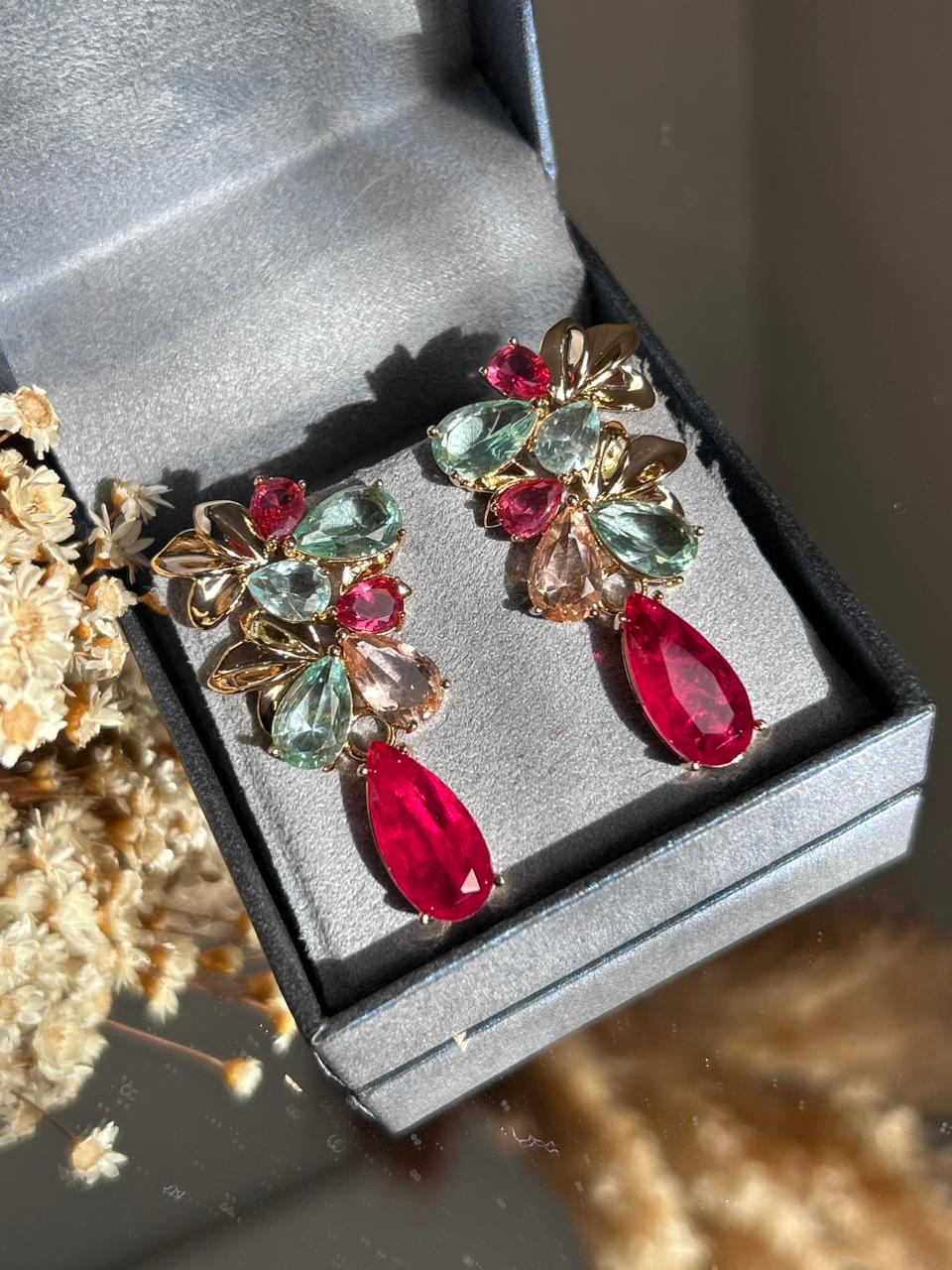 Conjunto Brinco e Anel Rubelita e Água Marinha