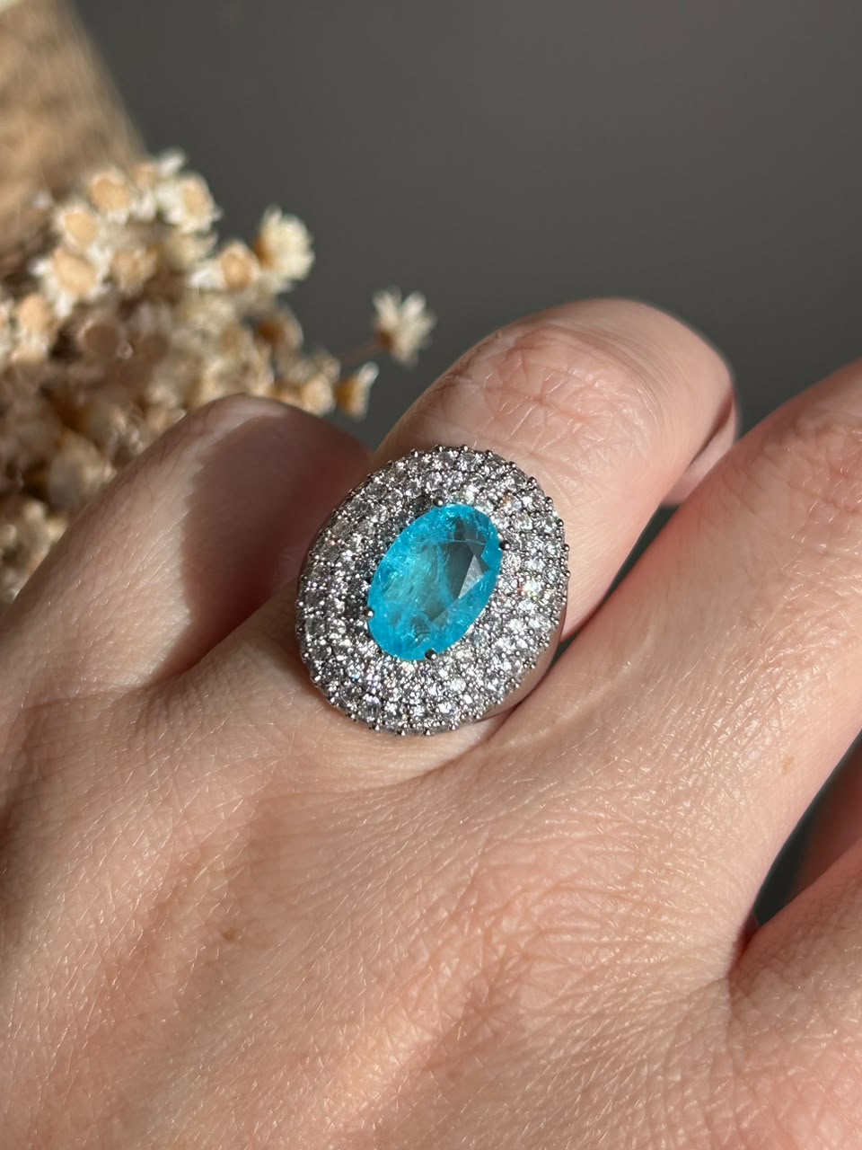 Anel Oval Martina Turmalina Azul Ajustável