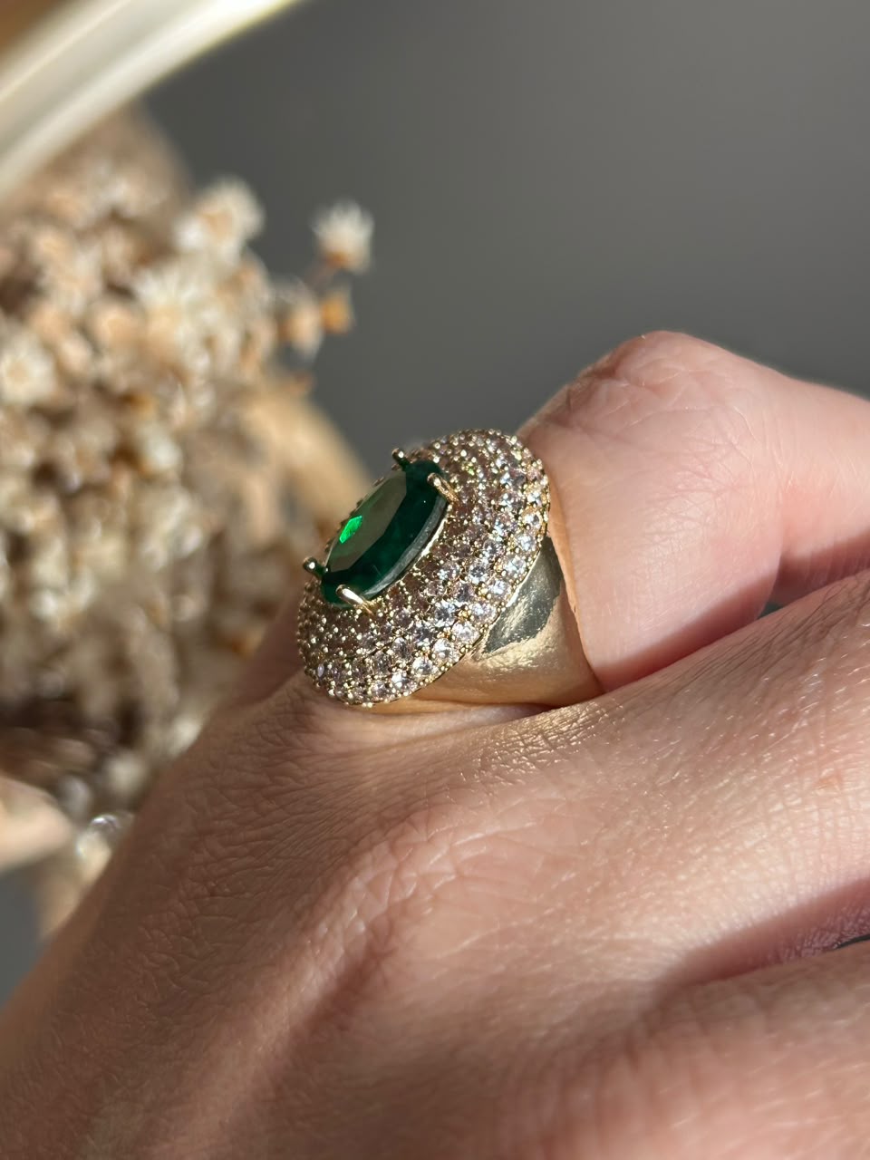 Anel Oval Martina Verde Esmeralda Ajustável Dourado