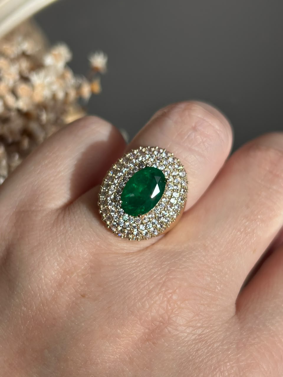 Anel Oval Martina Verde Esmeralda Ajustável Dourado