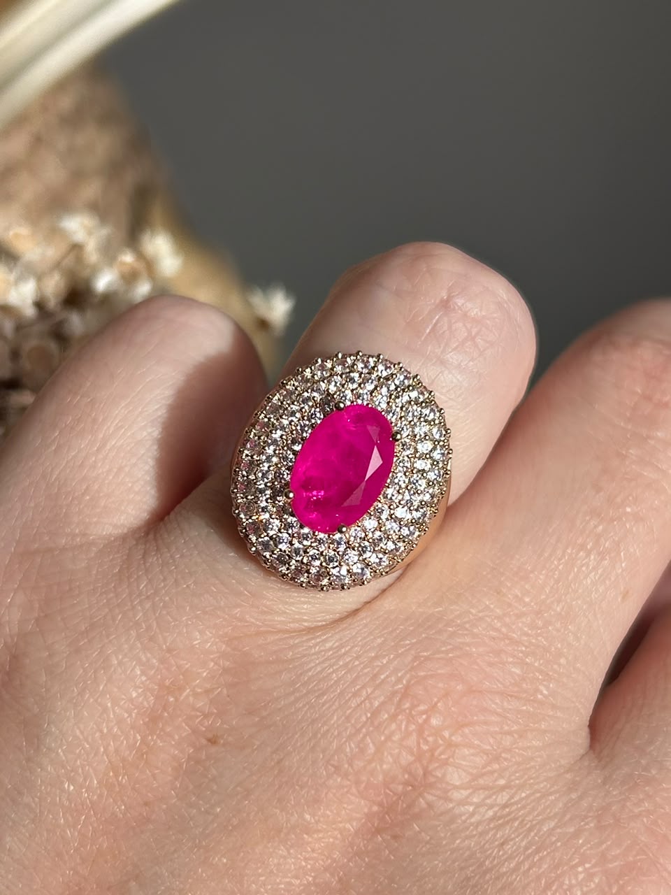 Anel Oval Martina Pink Ajustável Dourado