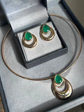 Conjunto Brinco e Colar Aro Gota Verde Esmeralda Dourado