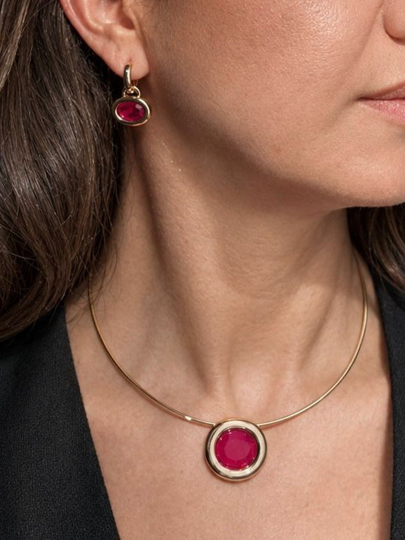 Conjunto Brinco e Colar Aro Rígido Pingente Vermelho