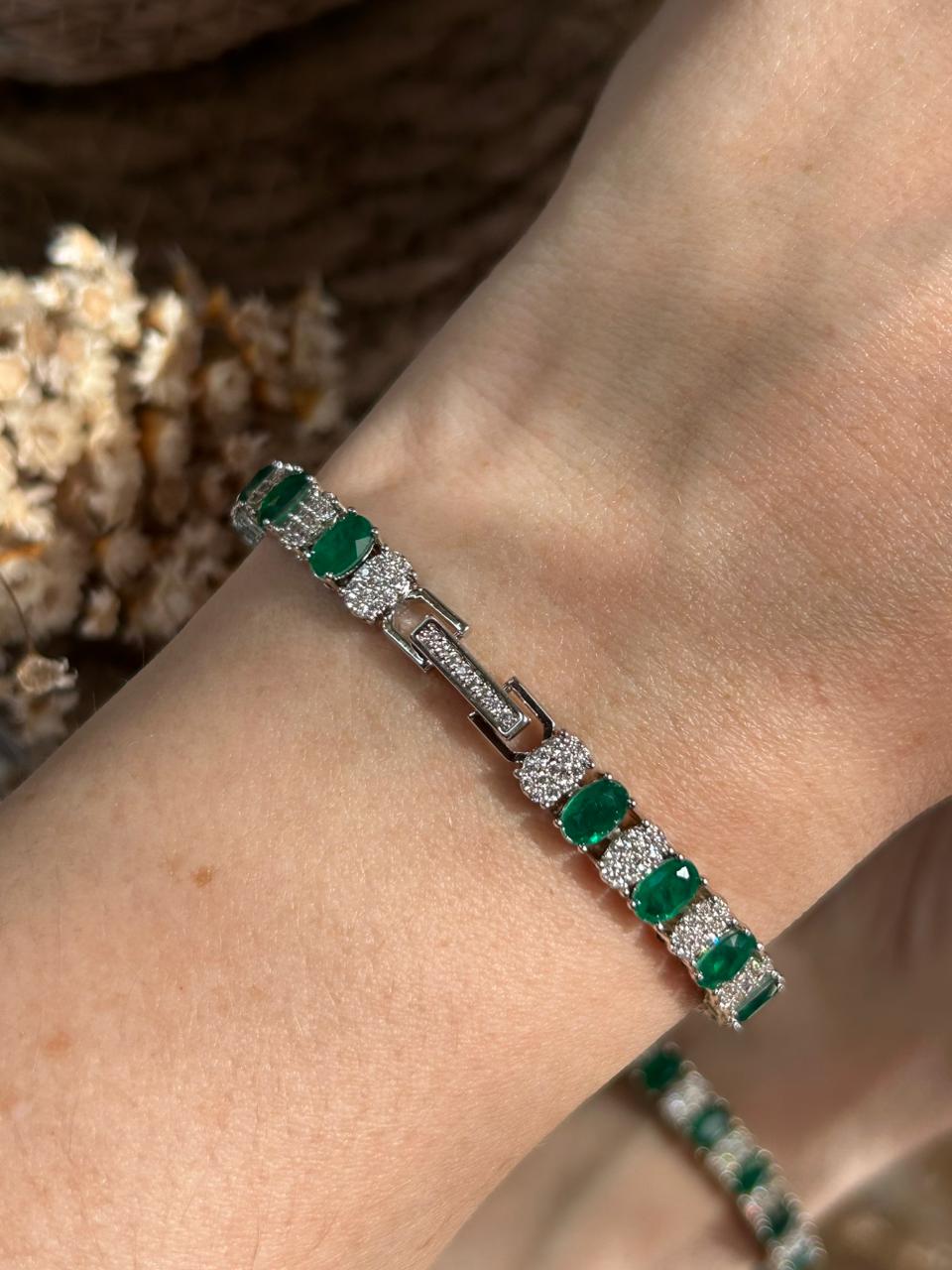 Pulseira Riviera Luxo Verde Esmeralda Prateada