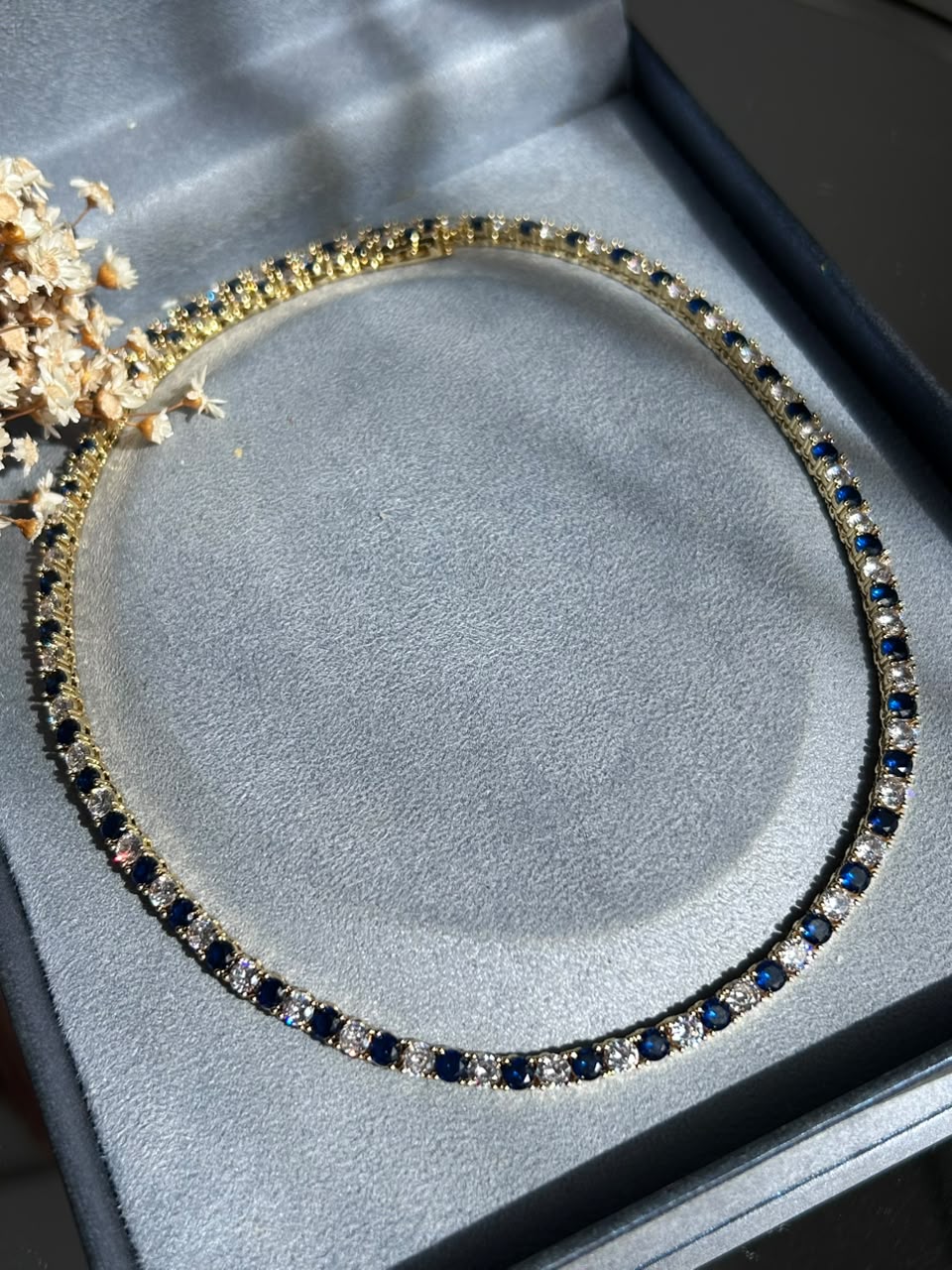 Colar Riviera 4mm Azul Safira Mesclada Dourada