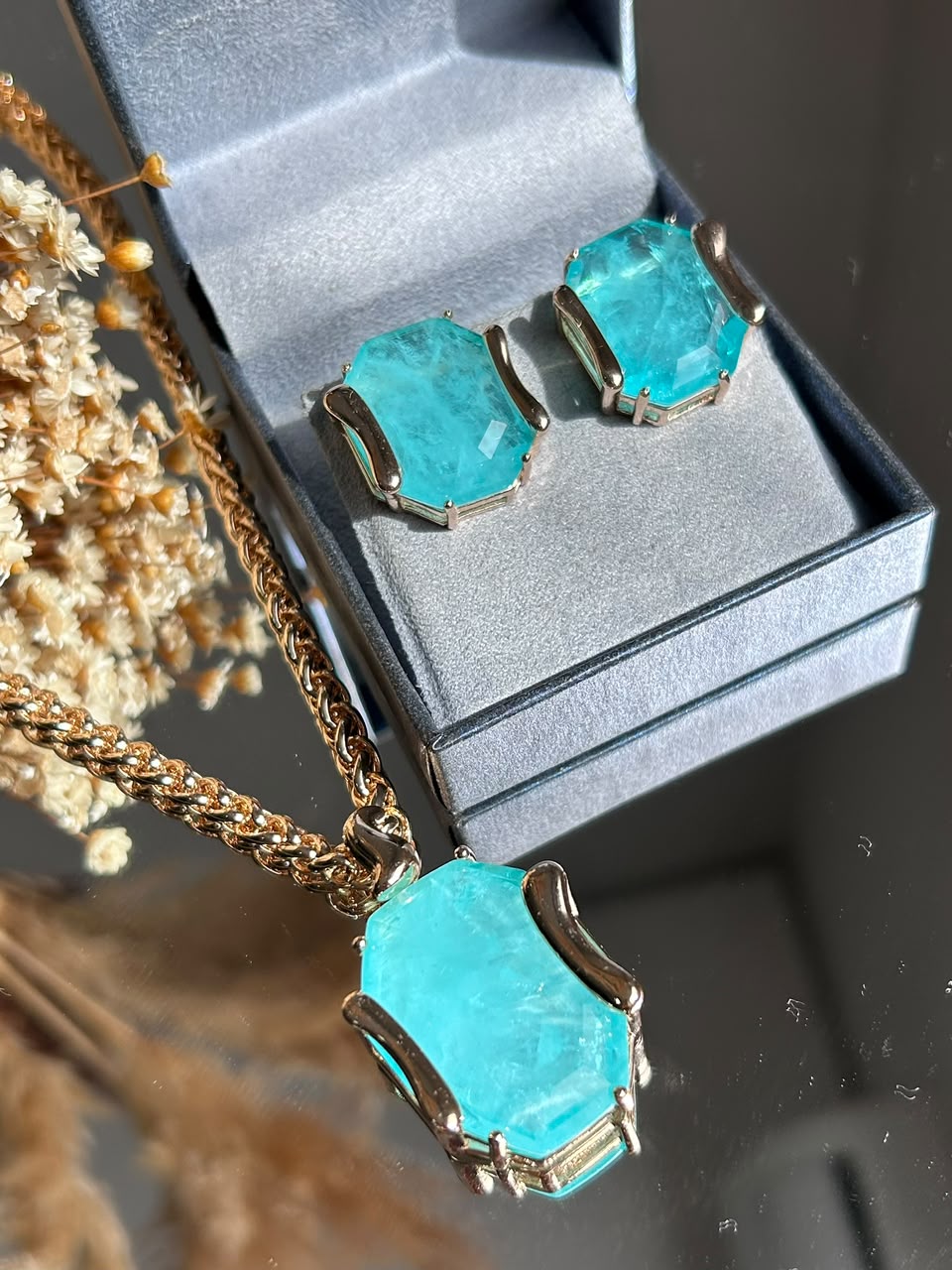 Conjunto brinco e Colar Letícia Turmalina Azul