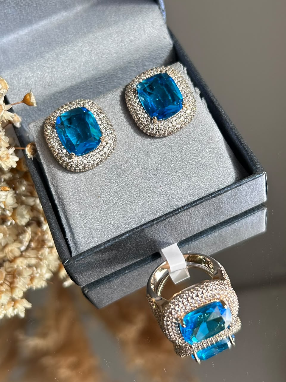 Conjunto Anel e Brinco Azul Topazio Retangular