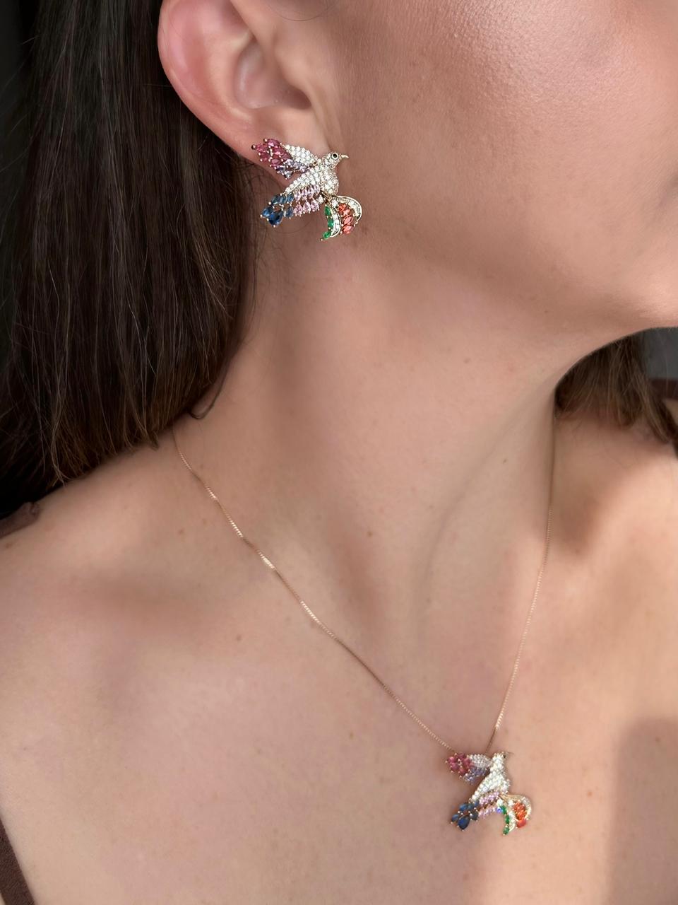 Conjunto Brinco e Colar Beija Flor Colorido