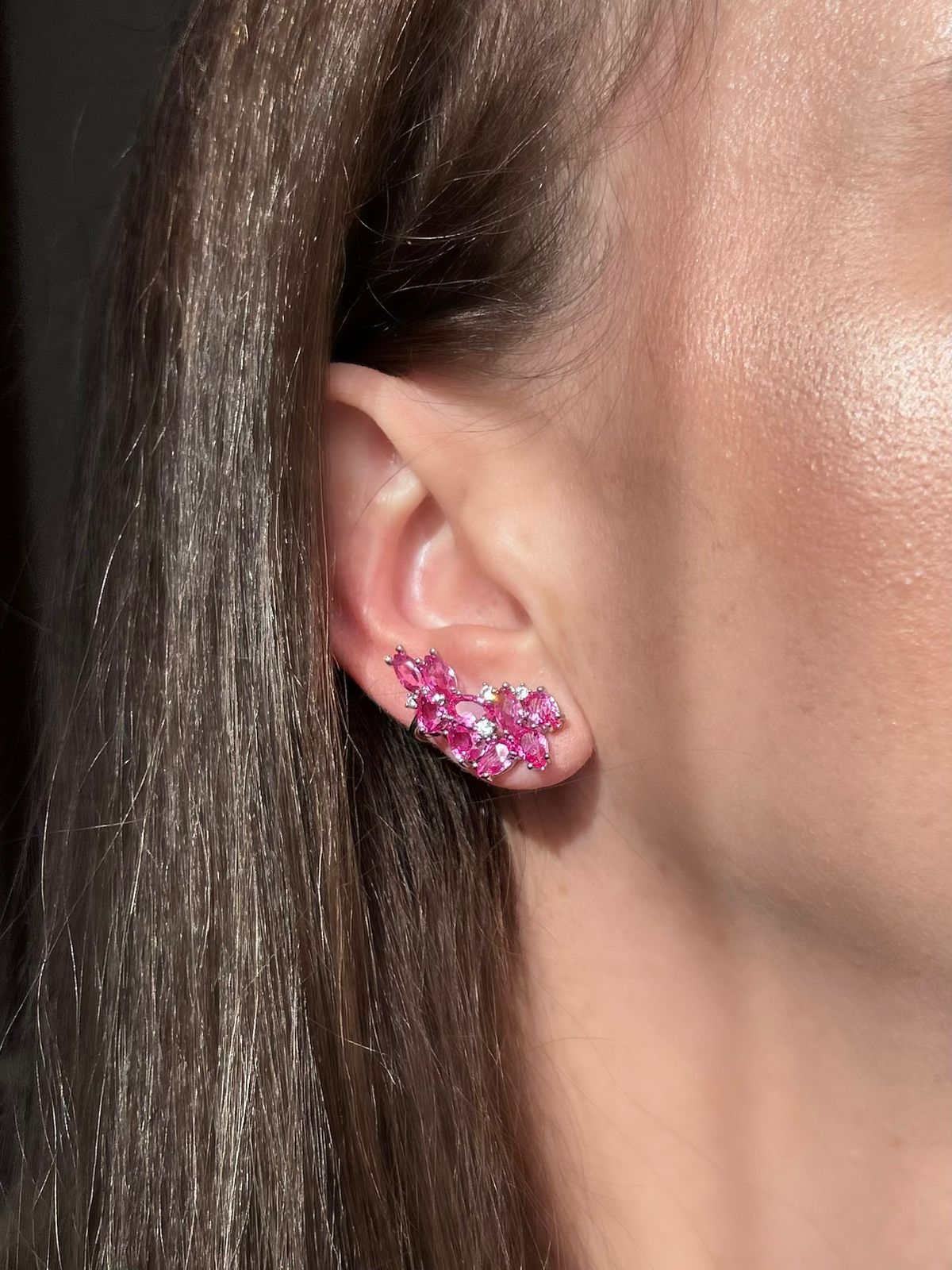 Brinco Earcuff Safira Rosa/pink Prateado