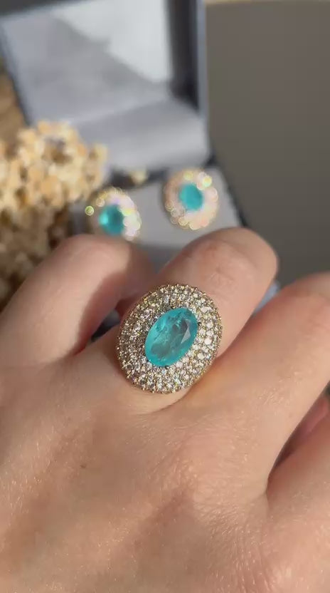 Anel Oval Martina Turmalina Azul Ajustável Dourado