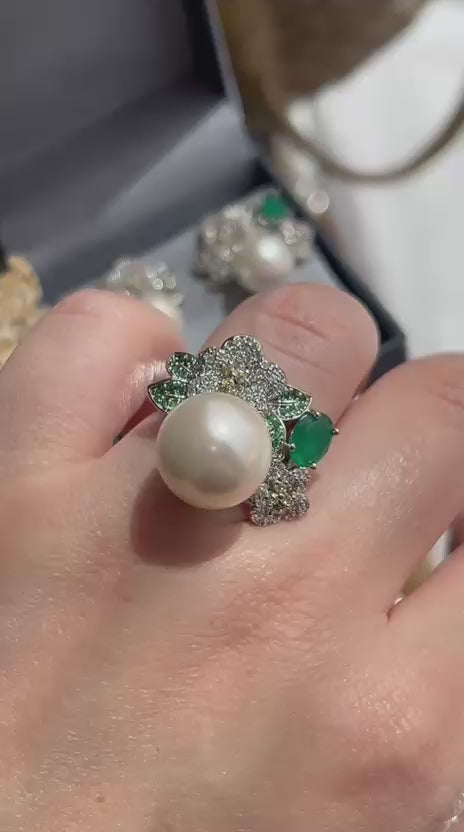 Conjunto Brinco e Anel Pérola e Folhas Verdes