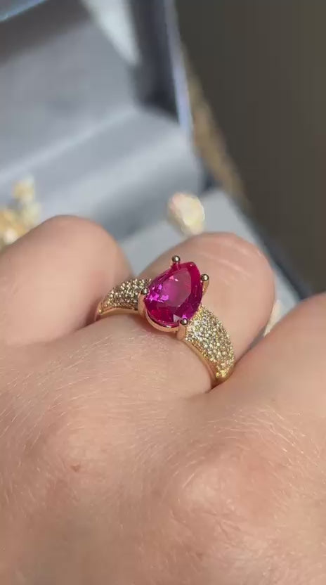 Anel Luxo Gota Safira Rosa/Pink Dourado