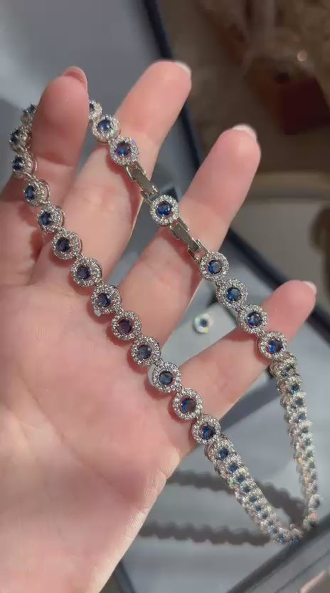 Conjunto Brinco e Colar Riviera Pedras Redondas Azul Safira