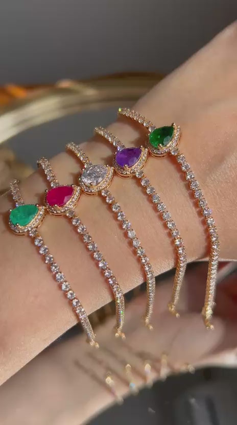 Pulseira Rivier Gota Verde Esmeralda Dourada