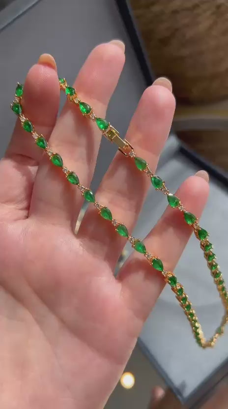 Conjunto Brinco e Colar Riviera Mesclado Verde Esmeralda Dourado