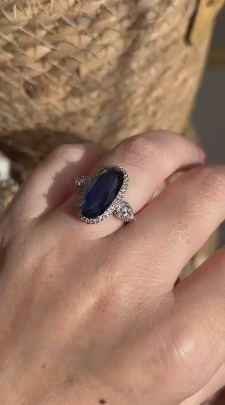 Anel Oval Cristal Azul Safira Ajustável