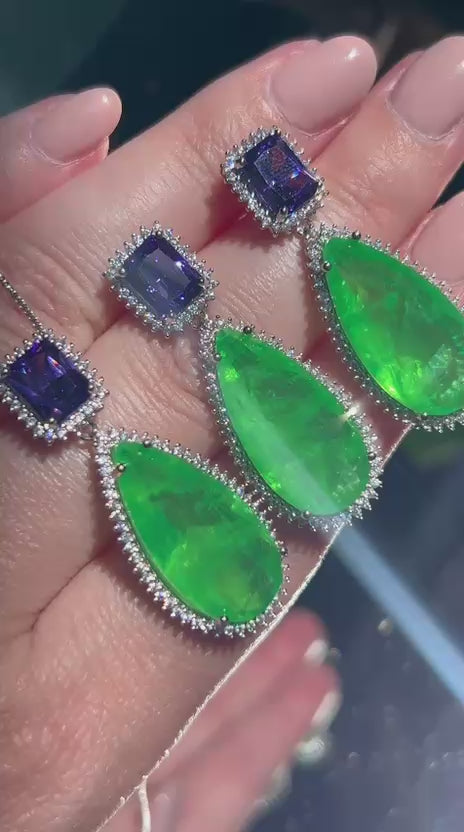 Conjunto Brinco e Colar Luxo Jade e Ametista